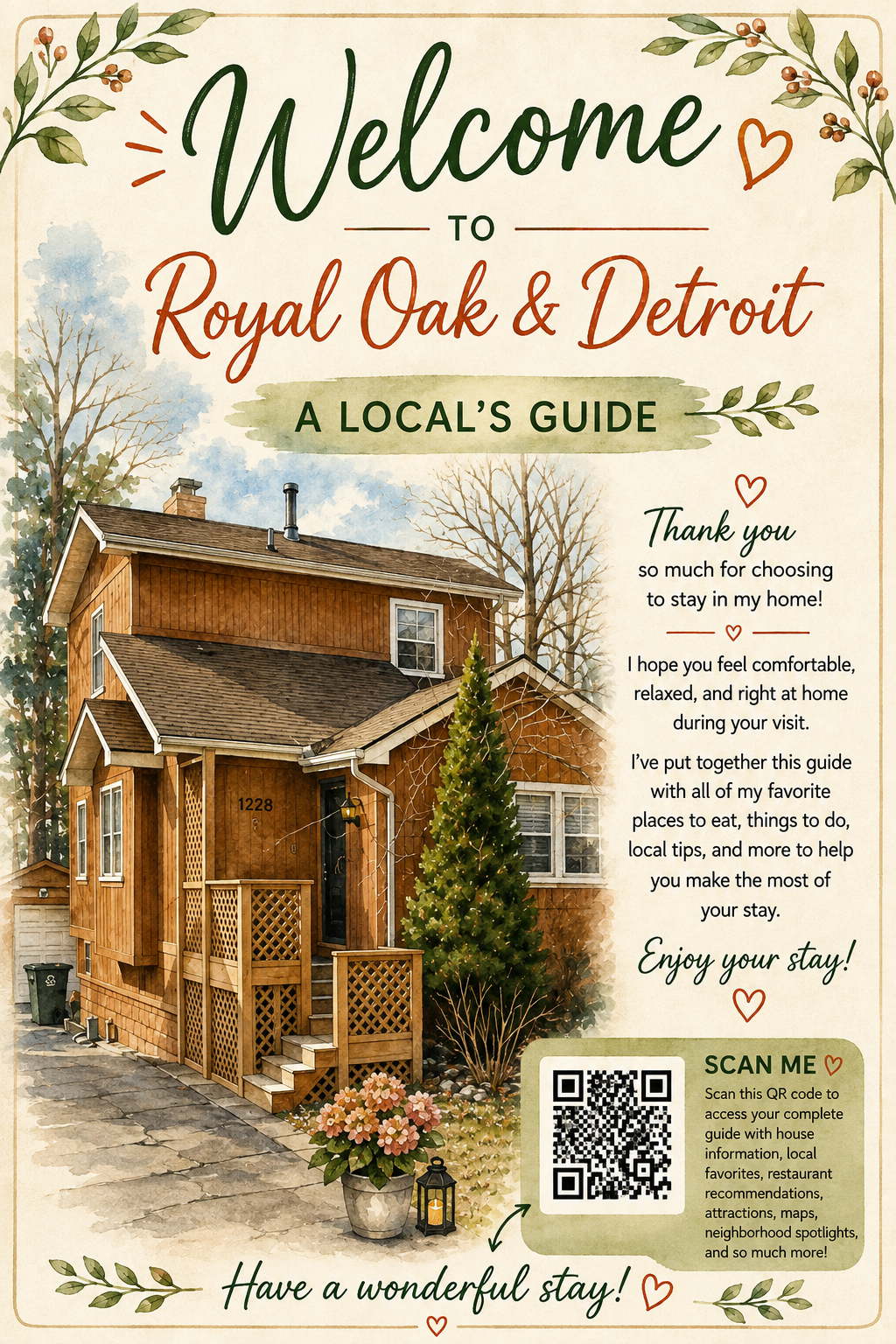 Watercolor welcome cover featuring the Airbnb home