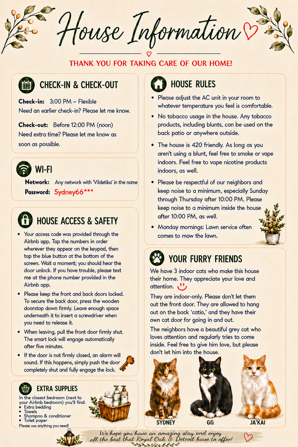 House information page on a warm cream background